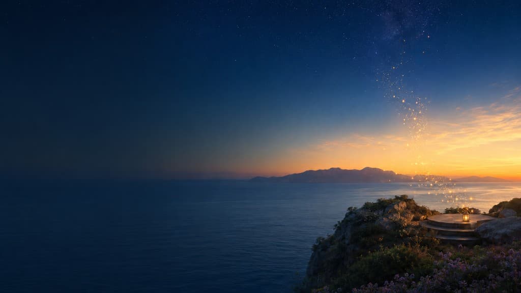 Peaceful cliffside at dusk with a lantern and rising light over the ocean